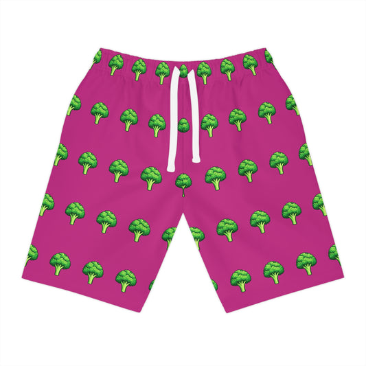 Broccoli Print Athletic Shorts — Pink All-Over-Print Casual Sportswear