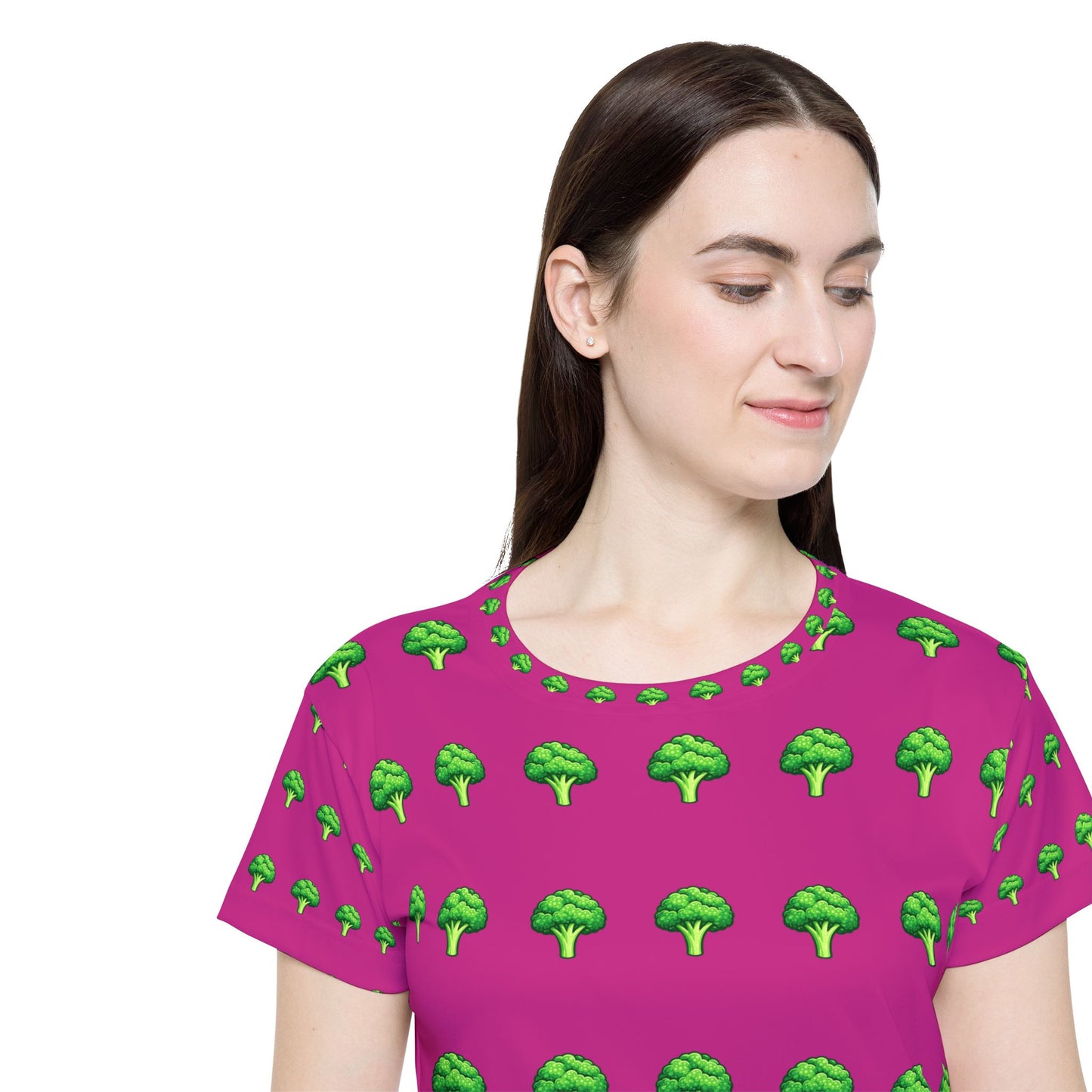 Women's All-Over Print Jersey Tee — Pink Broccoli Pattern