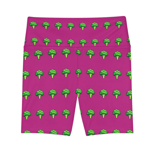 Pink Broccoli Pattern Women's Workout Shorts — Fun Activewear Biker Shorts