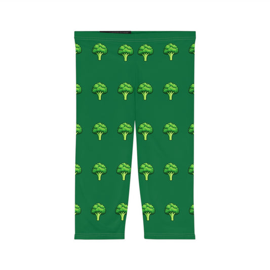 Broccoli Pattern Capri Leggings — Pink Vegetable Print Women’s Athletic Crop