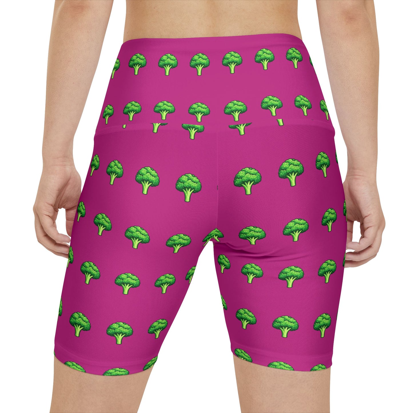 Pink Broccoli Pattern Women's Workout Shorts — Fun Activewear Biker Shorts