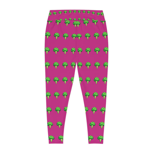 Plus Size Pink Broccoli Pattern Leggings — Fun Vegetable Print AOP