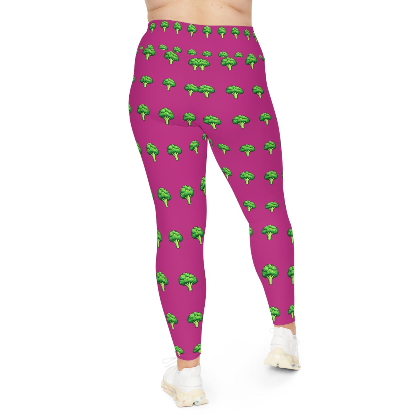 Plus Size Pink Broccoli Pattern Leggings — Fun Vegetable Print AOP