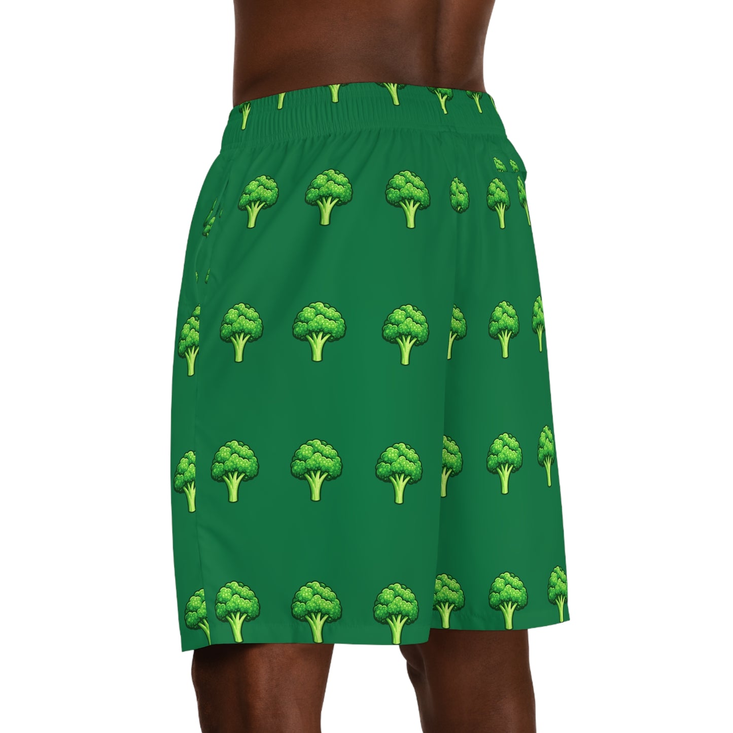 Broccoli Print Men's Jogger Shorts — Green Vegetable Pattern AOP