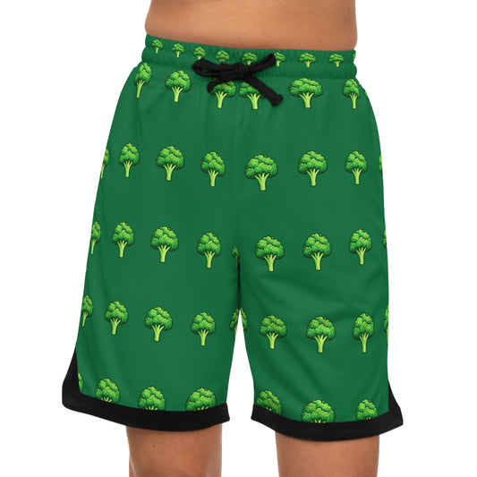 Broccoli Pattern Basketball Shorts - Green AOP Ribbed Athletic Shorts