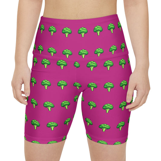 Pink Broccoli Pattern Women's Workout Shorts — Fun Activewear Biker Shorts