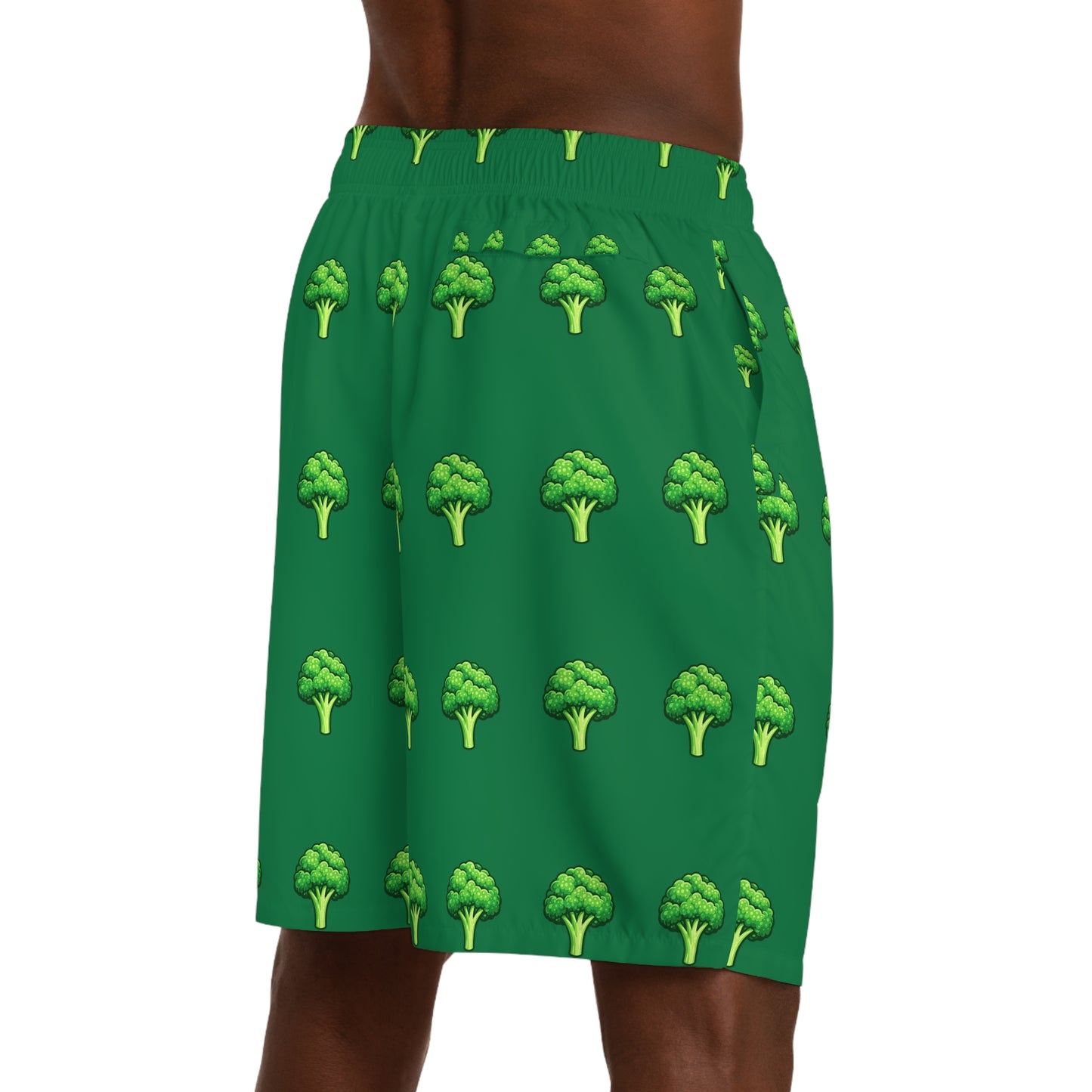 Broccoli Print Men's Jogger Shorts — Green Vegetable Pattern AOP