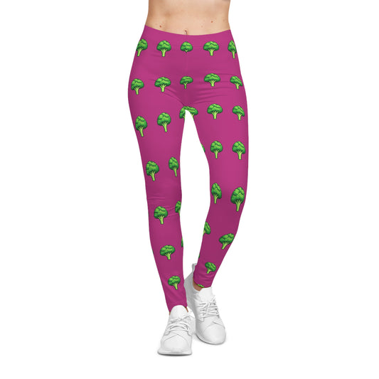 Pink Broccoli Print Women's Leggings — Cute Veggie Pattern AOP