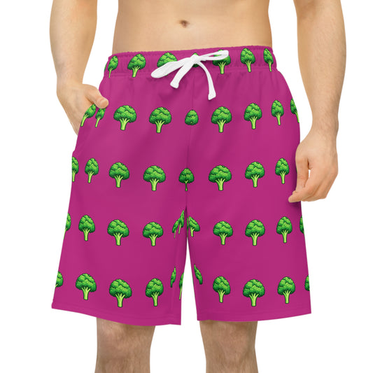 Broccoli Print Athletic Shorts — Pink All-Over-Print Casual Sportswear