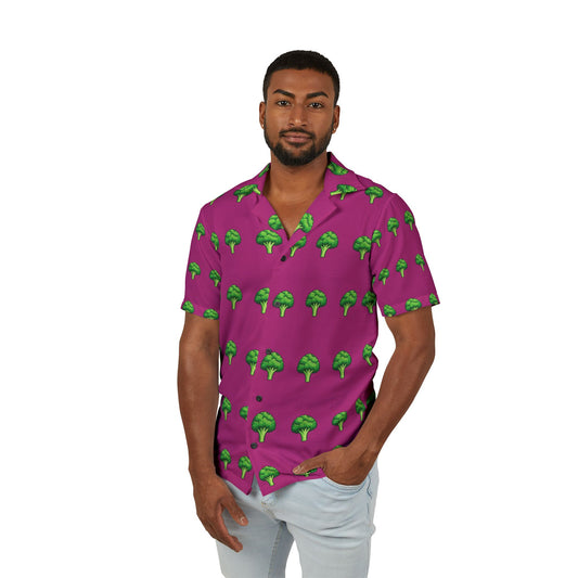 Hawaiian Camp T Shirt with Green Tree Pattern — Tropical Vacation Button-Up