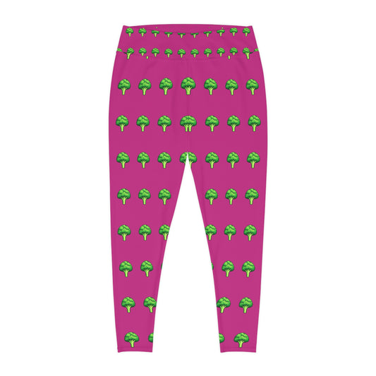 Plus Size Pink Broccoli Pattern Leggings — Fun Vegetable Print AOP