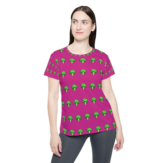 Women's All-Over Print Jersey Tee — Pink Broccoli Pattern