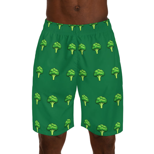 Broccoli Print Men's Jogger Shorts — Green Vegetable Pattern AOP